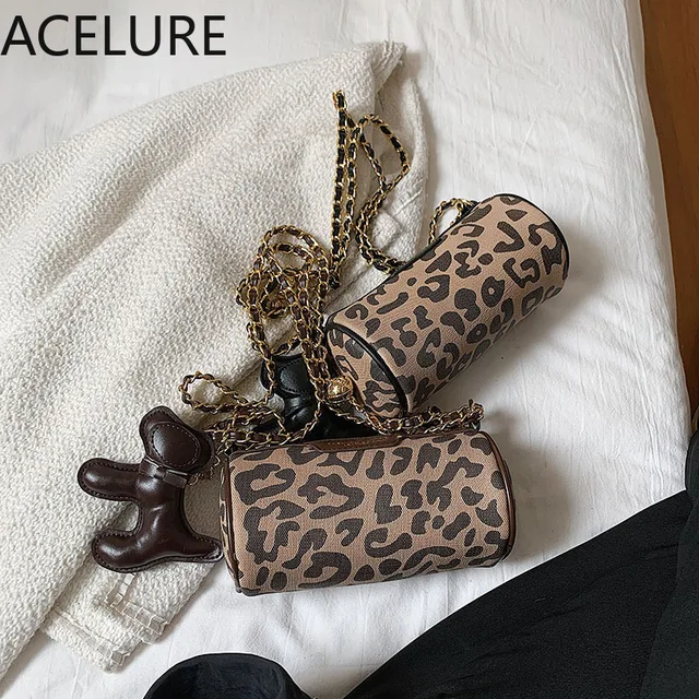 BS ACELURE Hot Fashion Metal Chain Small Shoulder Bags Female New Pillow Leopard PU Leather Cylinder Bags Ladies Small Handbag 5