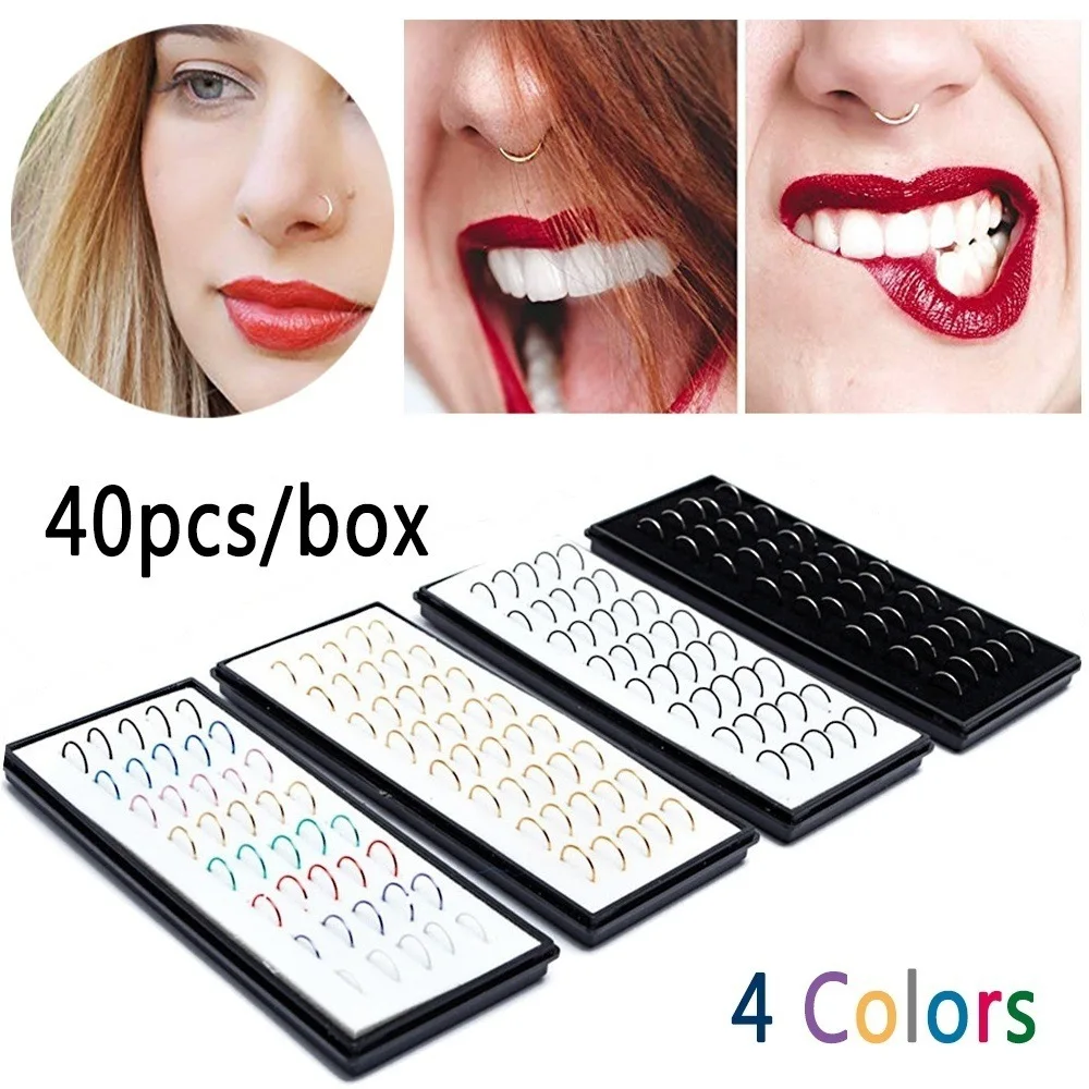 

40pcs Fashion Nose Hoop Nose Ring Stud Body Jewelry Colorful Stainless Steel Punk Style Body Piercing Jewelry