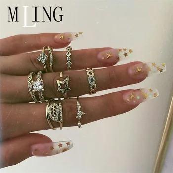 

MLING 9 Pcs/Set Vintage Gold Alloy Rings Set Newest Hollow Geometric Heart Star Leaf Crystal Rings for Women