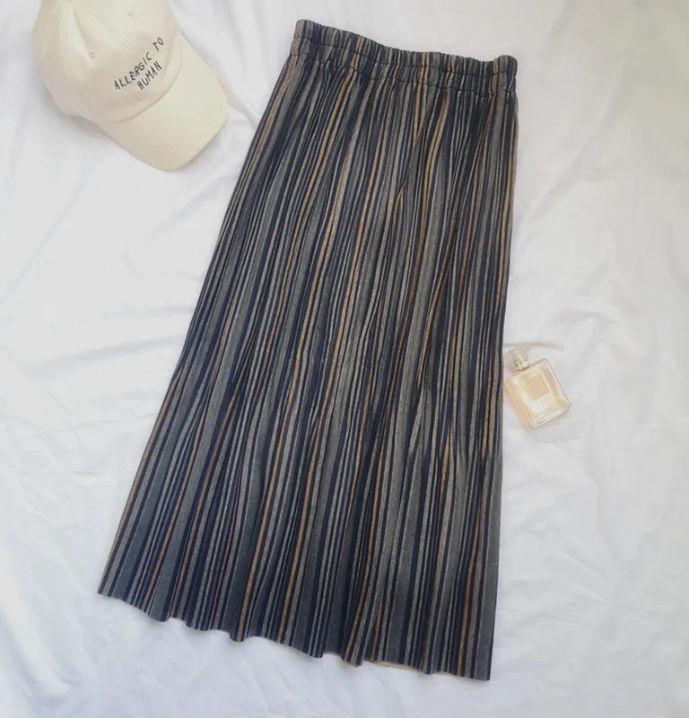 Striped 3 Винтажные клетчатые гофрированные длинные юбки зимние женские панк-рок корейские шерстяные юбки уличная юбка миди с эластичной резинкой на талии - Цвет: Striped 3