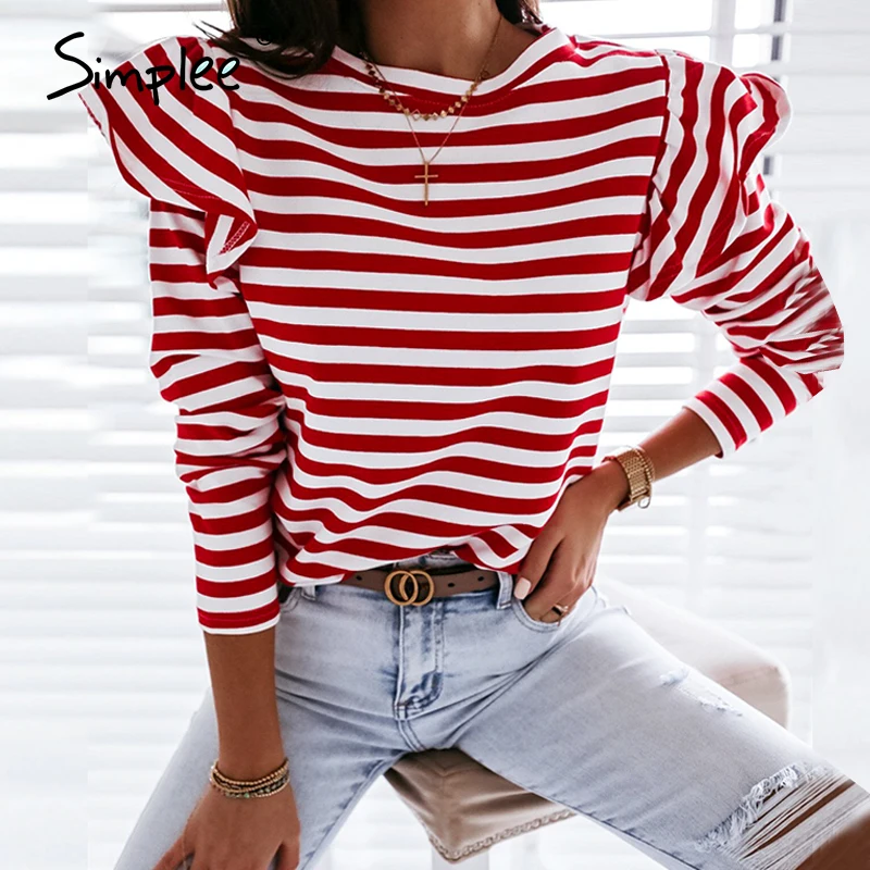 Simplee Causal Long Sleeve Red White Striped Tops For Female Autumn Winter Ruffled Base Shirt 2020 Streetwear O-neck Women Tops Simplee Causal Long Sleeve Red White Striped Tops For Female Autumn Winter Ruffled Base Shirt 2020 Streetwear O-neck Women Tops