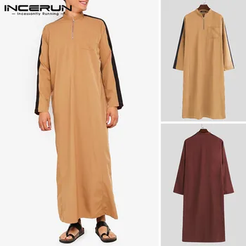 

INCERUN Man Muslim Kaftan Patchwork Breathable Zipper Robe Jubba Thobe Men Long Robes Long Sleeve Stand Collar Arabic Robe S-5XL