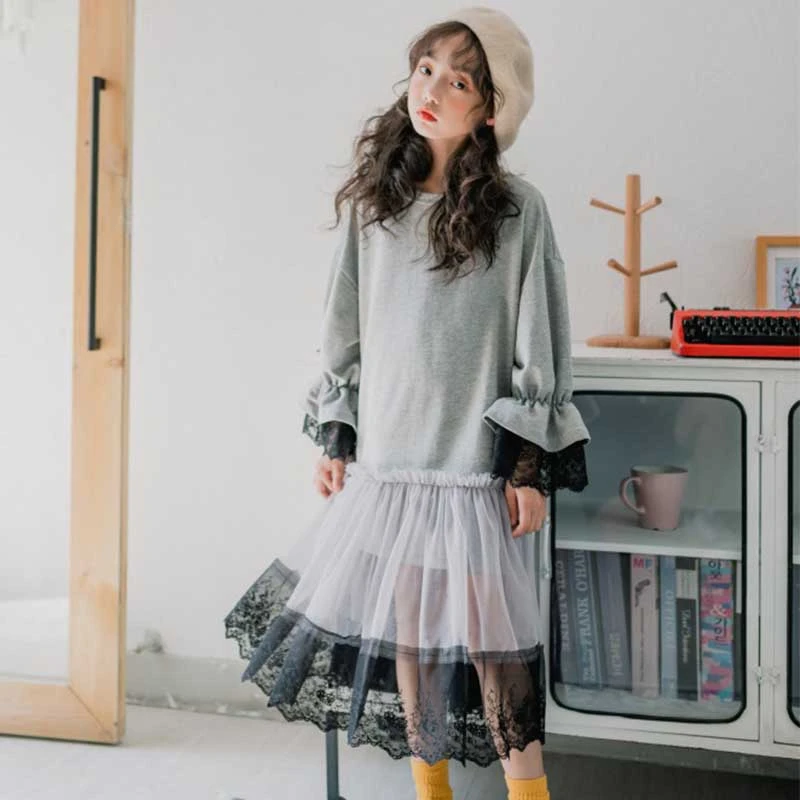 Сетчатое кружевное в стиле пэчворк платье для девочек на осень длинные толстовки