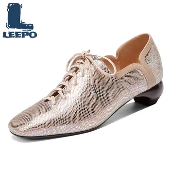 

Pumps Women Shoes Sheepskin Snake Pattern Spring Autumn Square Toe Comfort Female Luxury Lace-Up Party Shoes Woman Thick Heels 1