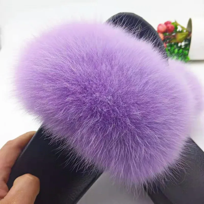 Toon purple Тапочки из меха енота женские сандалии из натурального Лисьего меха женские меховые шлепанцы, женские пушистые тапочки пушистая обувь на плоской подошве женская обувь, большие размеры 36-45 - Цвет: Toon purple