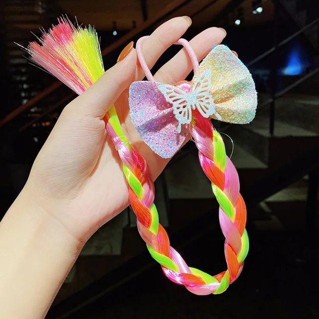 2021 New Girls Cute Cartoon Bow Butterfly Colorful Braid Headband Kids Ponytail Holder Rubber Bands Fashion Hair Accessories 25