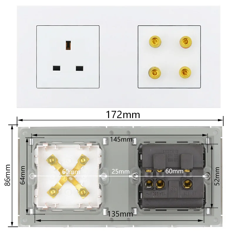Atlectric UK Standard Plug Socket Power Electrical Outlet Sound Speaker Audio Jack Double Socket Plastic Panel