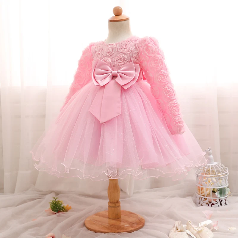 Милое розовое свадебное платье с цветочным узором для новорожденных девочек нарядная одежда для первого дня рождения праздничные платья для маленьких девочек, детская одежда с юбкой-пачкой