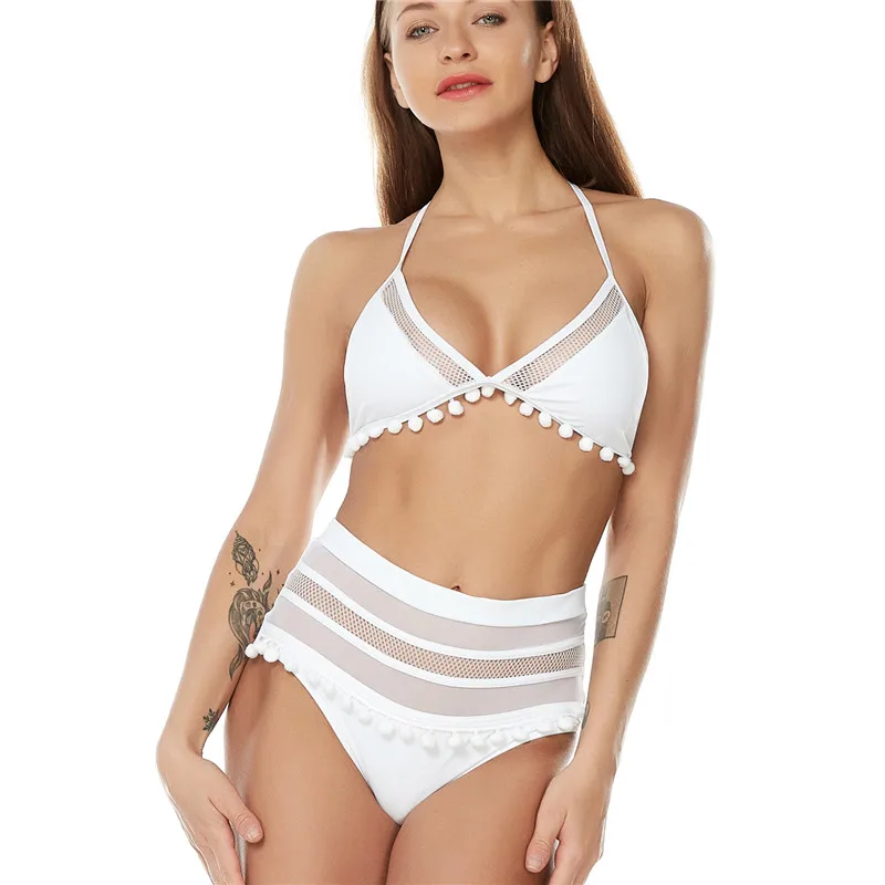 

2019 Sexy Triangle Halter Retro Mesh Hollow Out String Biquini Bathing Suit Female Swimsuit High Waist Swimwear Women Bikini