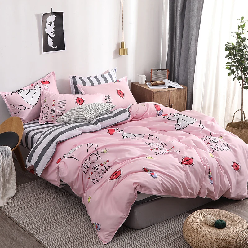 Bed Linens Pink Love And Lips Bedclotheskorean Style Bedsheet Set
