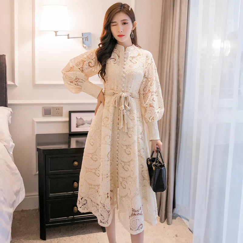 

2020 Years Early Autumn New Style Beige Lace Hollow out Lantern Long Sleeve Slim Fit Lace-up Long Dress bandage dress