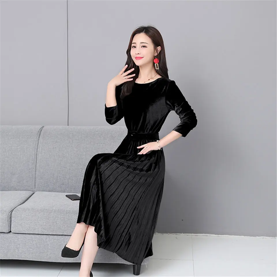 Retro Elegant Dress Women Autumn Winter Pink Velvet Dress Female Solid O-Neck Party Pleated Dress Vestidos with belt