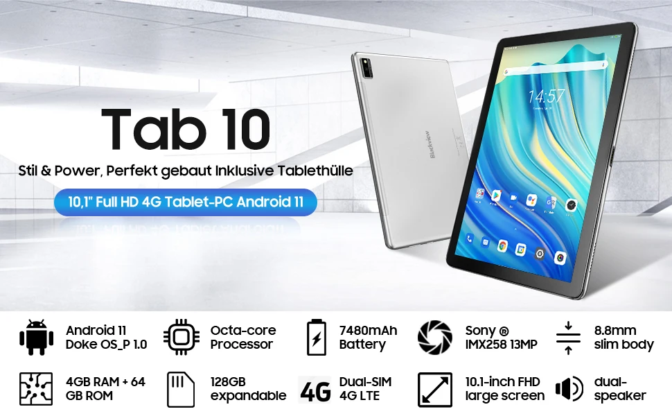 Blackview 2021 Tab 10 Tablet 10.1 Inch 1920x1200 MTK8768 Octa Core 4GB RAM 64GB ROM Tablets PC 7480mAh 4G Network Dual Wifi