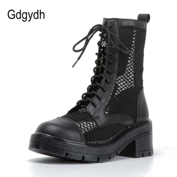 

Gdgydh 2020 Women Air Mesh Ankle Boots Round Toe Thick Heel Platform Female Short Boots Lace-Up Ladies Summer Shoes Gothic Style