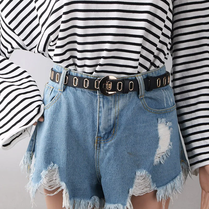 

Casual Women PU Leather Belts Punk Metal Hole Pin Buckle Designer Luxury Female Waist Belt High Quality Individual Decorative