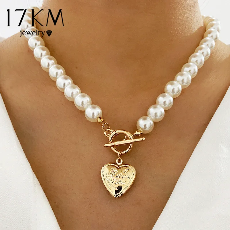 Pearl Choker Necklace Jewelry Heart-Coin-Lock 17KM Geometric Collier-De-Perles Wedding