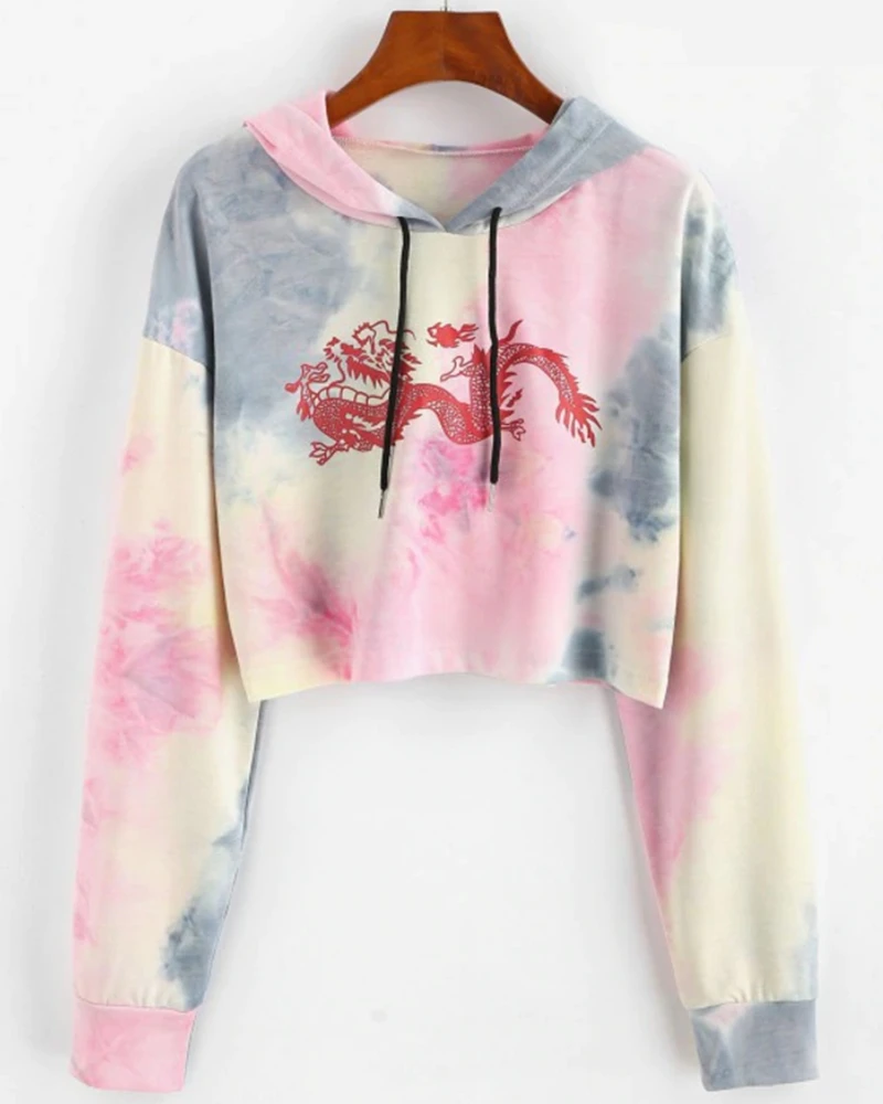 

Tie Dye Hoodies Women Streetwear Casual Long Sleeve Dragon Print Drawstring Crop Tops Sweatshirts Fall Casual Hooded Pullovers
