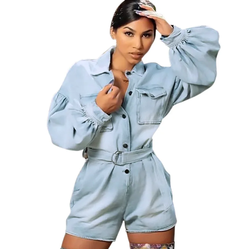 

2020 Spring Women Jumpsuit Cowboy Long Sleeve Turn Down Collar Short Rompers Womens Jumpsuit Pale Blue Overalls