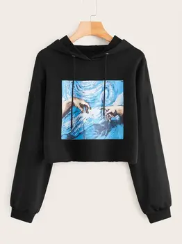 

Women Crop Top Long Sleeve Pullover Graphic Print Hoodie Sweatshirt Cotton Fashion Casual Autumn Spring