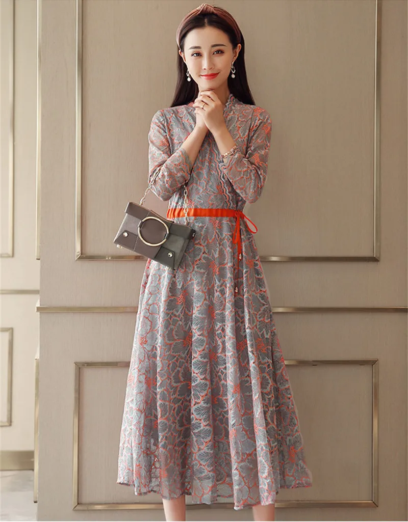 Новинка 2020 элегантное цветочное кружевное платье для женщин с v-образным вырезом