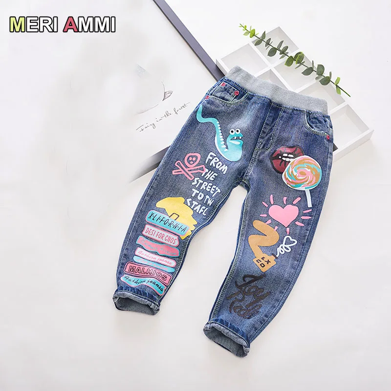 MERI AMMI Children Girls Boys Jeans Soft Pants Trousers Sweatpants Cartoon Letters For 3-8 Year Baby Kids
