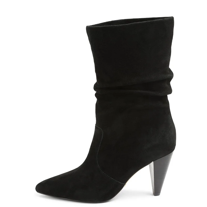 Серые ботильоны на высоком КОНУСНОМ каблуке женские ботинки без шнуровки с острым носком, большой размер 14, 15, женская модная теплая зимняя обувь для зрелых женщин Shofoo - Цвет: Black Booties
