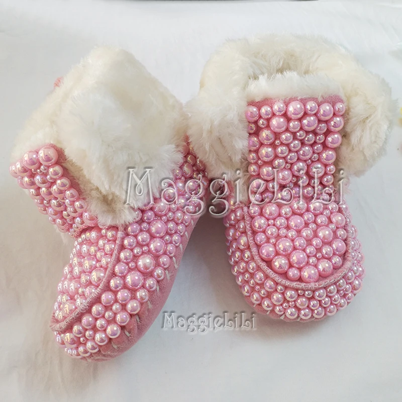 Для новорожденных блестящая женская обувь со стразами младенческие сапоги для снега; Роскошное хлопковое Сияющая Жемчужина украшения сапоги для девочек обувь осень-зима