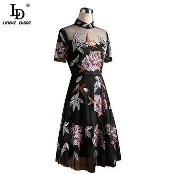 

LD LINDA DELLA Summer Fashion Runway Designer Dress Women Mesh Embroidery Floral Stand collar Vintage A-Line Ladies Midi Dresses