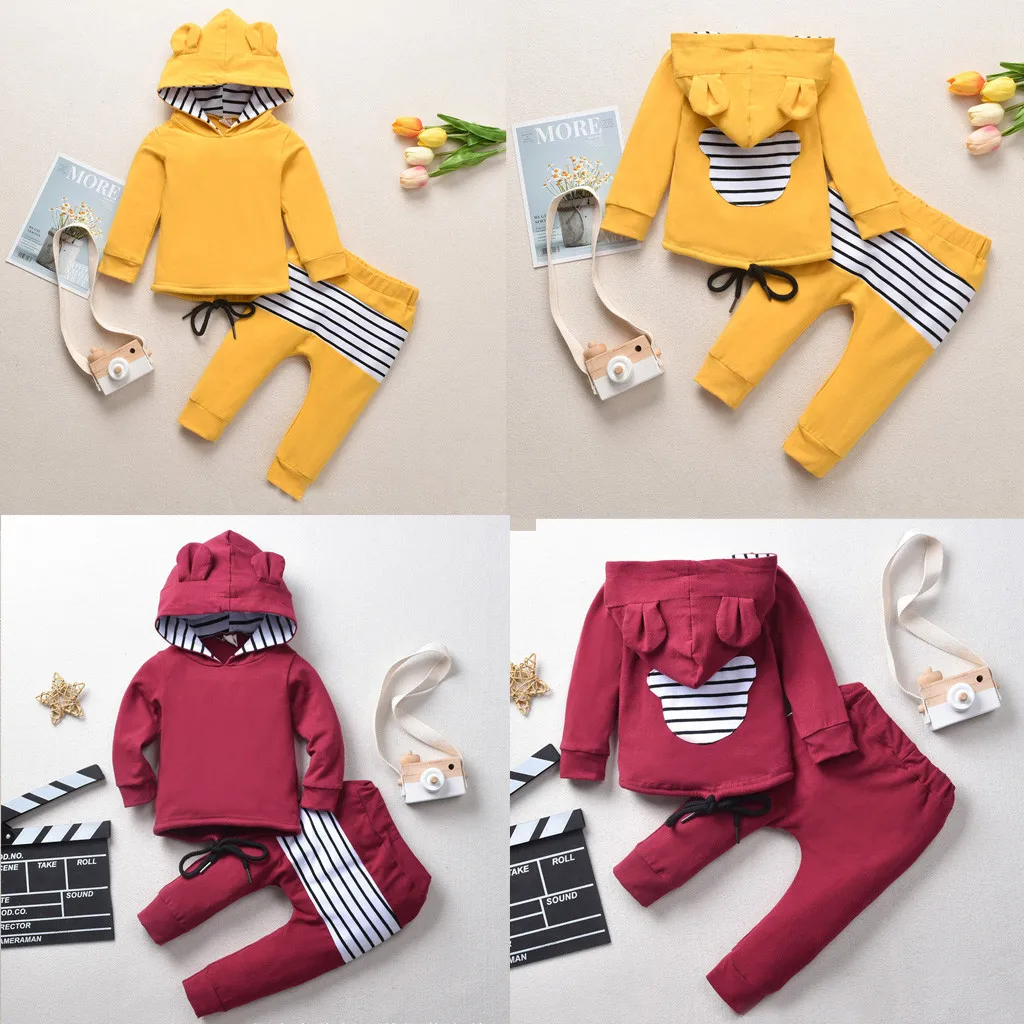 Зимний теплый комплект для малышей; коллекция года; толстовка с капюшоном и ушками для маленьких мальчиков и девочек+ штаны в полоску; комплект одежды roupa infantil menino