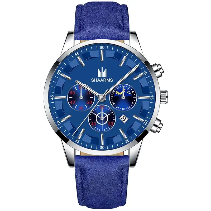 Silver Blue Мужские часы с коричневым кожаным ремешком, роскошные Брендовые повседневные часы с кожаным ремешком, спортивные мужские кварцевые наручные часы, мужские часы - Цвет: Silver Blue