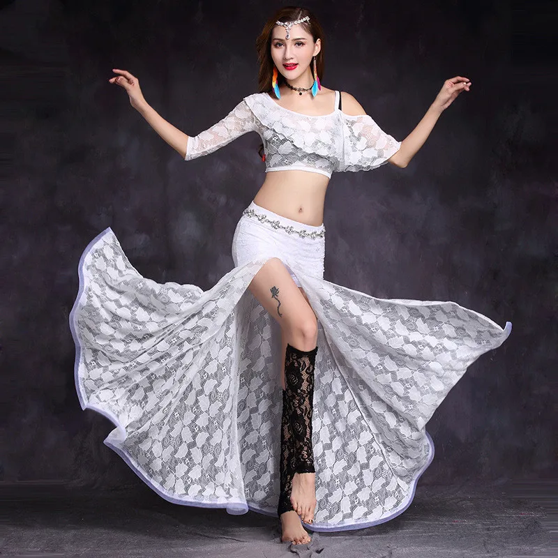 Одежда для занятий танцами живота для взрослых, кружевная юбка с разрезом, женский набор костюма для танца живота - Цвет: White