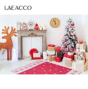 

Laeacco White Wooden Board Fireplace Deer Christmas Tree Gift Carpet Clock Photography Backdrops Photo Backgrounds Photophone