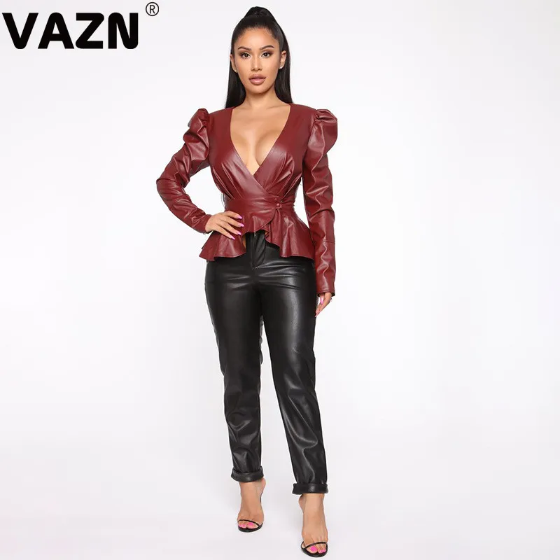 VAZN, хит, кожаные футболки для взрослых, сексуальные, Клубные, одноцветные, с глубоким v-образным вырезом, полный рукав, высокая талия, дикие Джокеры, женские, тонкие, обычные футболки