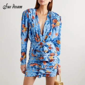 

High Quality 2020 Summer New Women'S Blue Sexy Long Sleeve Deep V-Neck Printed Draped Mini Dress Bodycon Club Party Dress