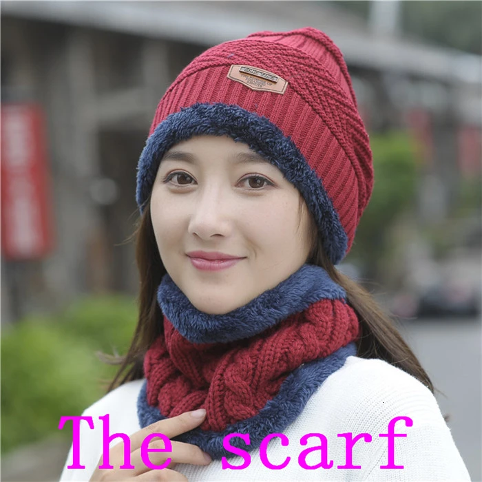 wine red scarf Women Scarf Hat Sets Ma'am Wool Hat Windbreak Knitting Hat Warm Increase Cashmere Thickness Scarf Integral Triangle Mark Set Hat - Color: wine red scarf