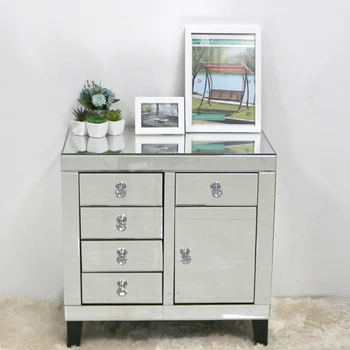 

Glass Mirrored TV Stand Living Room Table Bedside Unit Side Console Table with 5 drawers and one cupboard