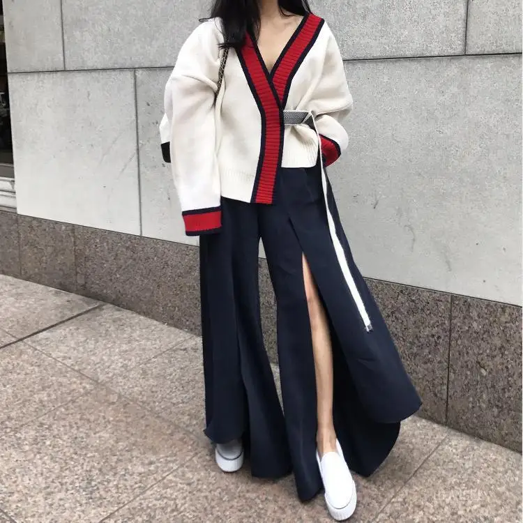 Осень и зима свободный ленивый темперамент красный черный строчка шерстяной свитер кардиган пальто женский