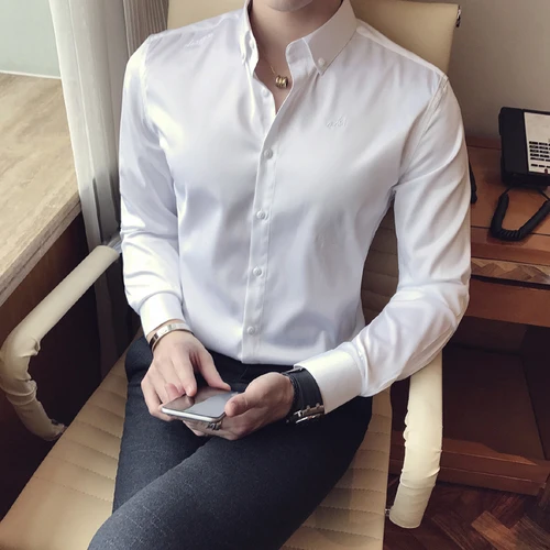 White 2019New Quality dress Business Men Long-sleeved Quality Shirt Casual Formal Design Shirt Oversized Man Solid color Shirts Tops - Color: White