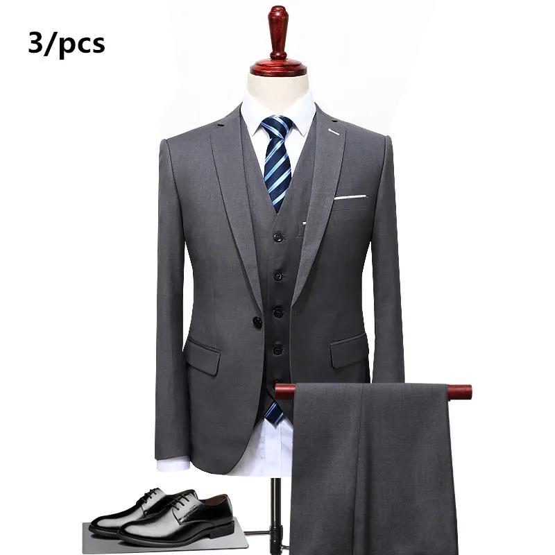 3 pcs gray Весенний мужской костюм для отдыха из 3 предметов, высококачественные повседневные деловые костюмы большого размера, модные мужские свадебные платья - Цвет: 3 pcs gray
