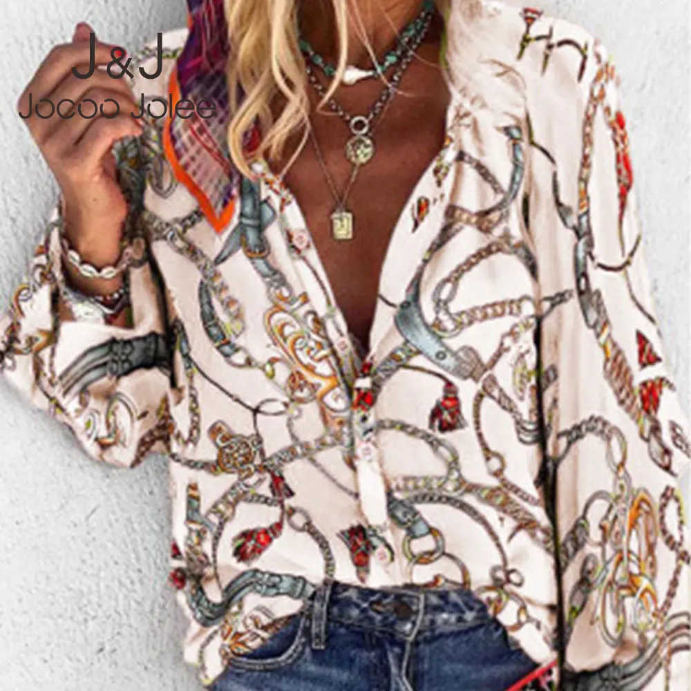 

Jocoo Jolee Women Vintage Chain Print Loose Blouse Europe Streetwear Button Shirt Casual Spring Summer Long Sleeve Blouse Tops