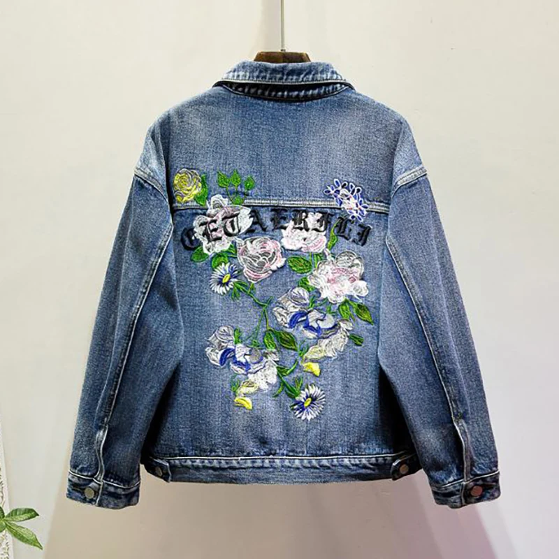 

JVCAKE Plus Size Women's Loose Denim Jacket Thin Section Fashion Decal Embroidery Pattern Lapel Blue 2020 Summer Denim Coat 5XL