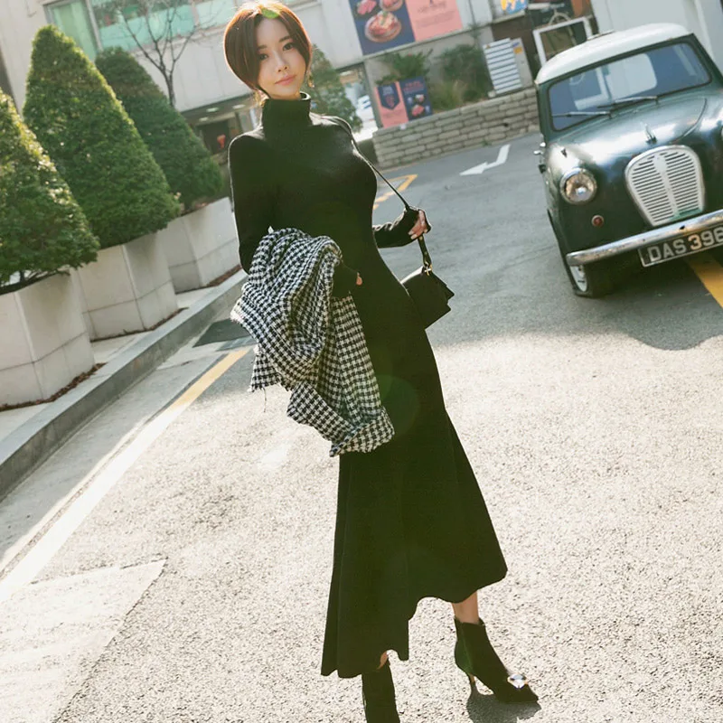 Vintage Maxi Dress Women A-line Knitted Long Dresses Vestidos New Autumn Winter Fashion Ladies Baisc Turtleneck Sweater Robe