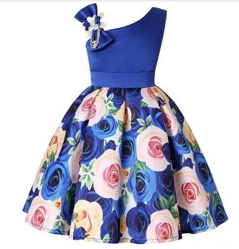 Платья для девочек; платья в полоску с цветочным принтом для девочек; Новогоднее платье принцессы для дня рождения, свадьбы, вечеринки; платье для маленьких девочек; одежда для детей - Цвет: Blue