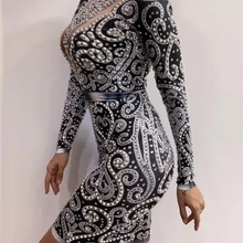 Женский певец черный серый Стразы Жемчуг Длинные рукава платье сексуальная одежда из спандекса день рождения, празднование вечернее платье