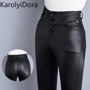 

2019 winter leather trousers women's new thin section wear elastic skinny breasted high waist plus velvet trousers was thin