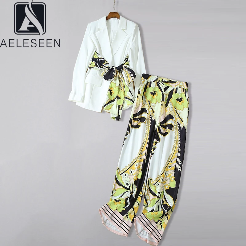 AELESEEN, винтажные офисные женские комплекты, Ранняя весна, белые блейзеры, топ+ длинные штаны, цветочный принт, 2 предмета, элегантные костюмы