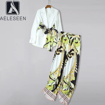 

AELESEEN Vintage Office Ladies Sets 2020 Early Spring White Blazers Top+Full-Length Pants Flower Print 2 Pieces Suits Elegant