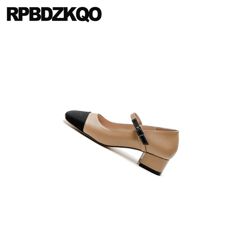runway genuine leather block pumps size 4 34 thick fashion shoes brand chunky medium heels women 33 european square toe