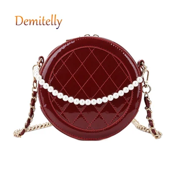 

Fashion Pearl Chain Ladies Small Round Bag New Diamond Check Chain Women's Shoulder Messenger Bag Luxury Brand Handbag Purse