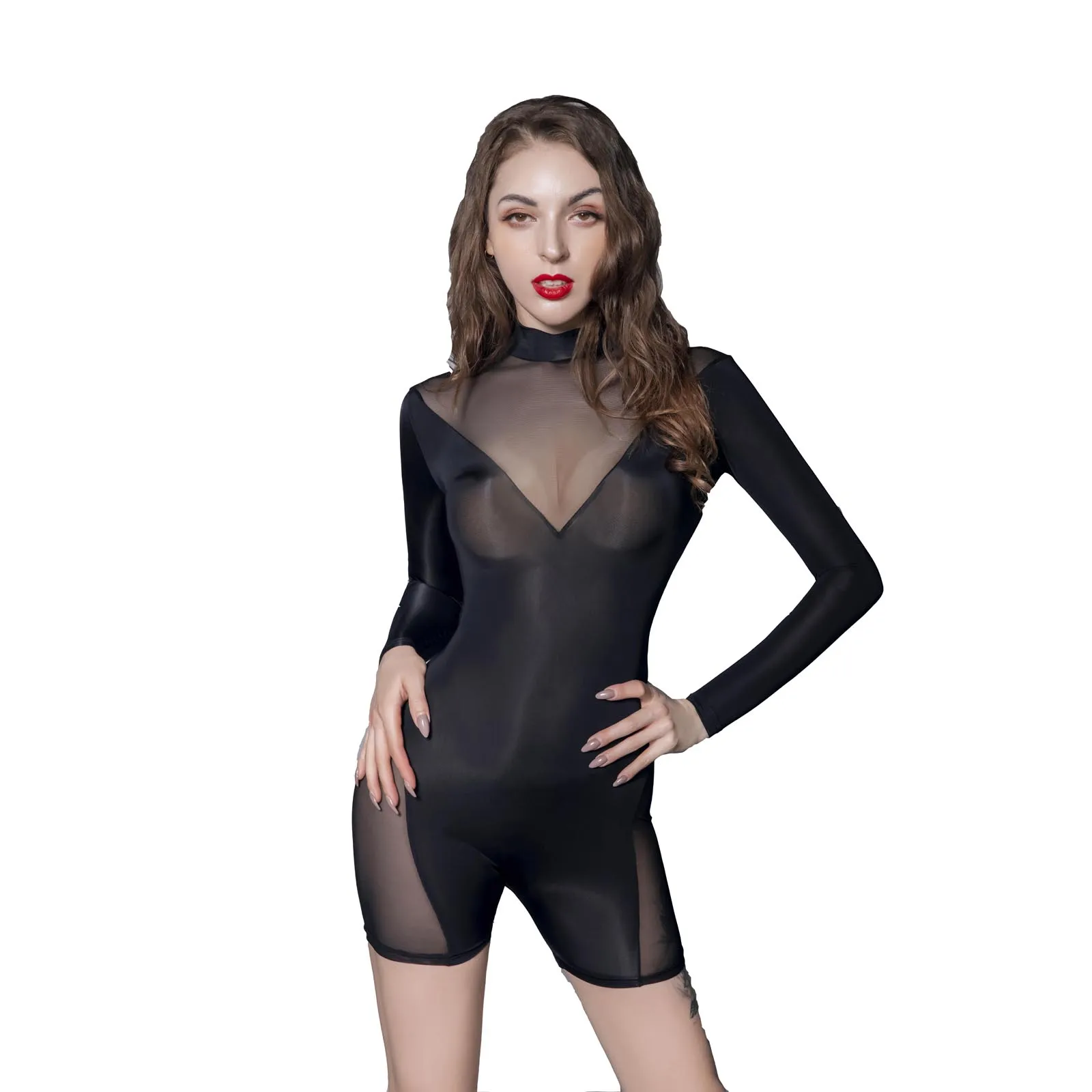 Женский слитный короткий Облегающий комбинезон прозрачный сетчатый с длинным